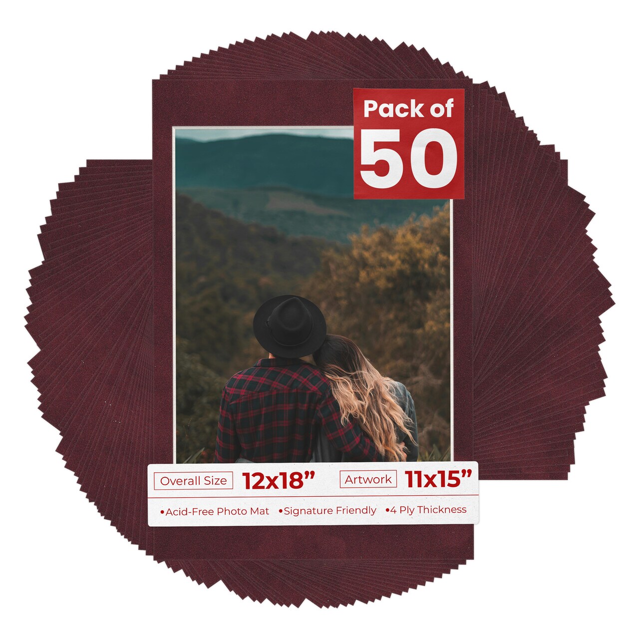 Dark Red Suede Mat Board for 12x18 Frames - Fits 11x15 Photos